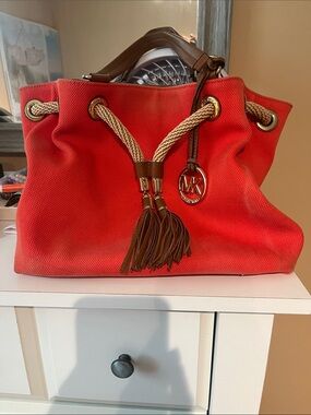 Michael Kors Coral-Red Canvas Drawstring Tote with Tassels